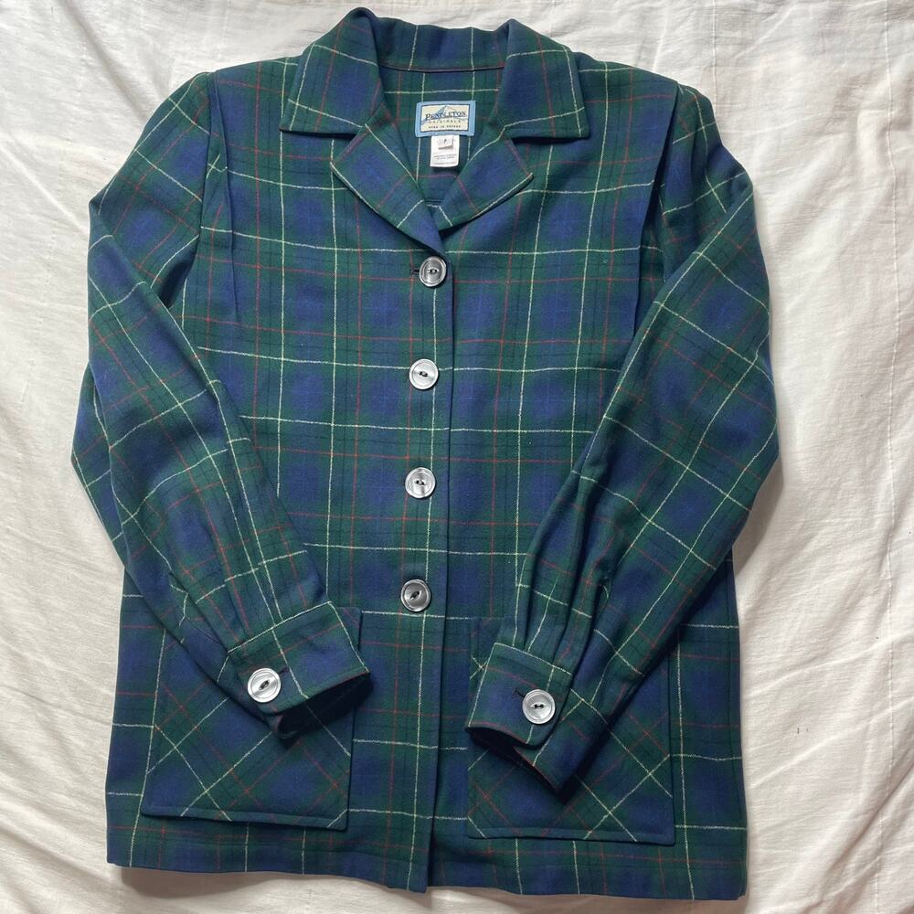 Vintage Pendleton 49er Virgin Wool Green Plaid Shirt Jacket Size Small Women's